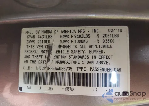 2010 Honda Accord 2.4 Ex-L from USA, damaged, VIN 1HGCP2F85AA095735